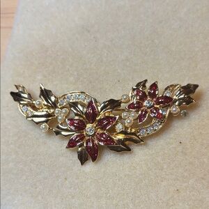 Avon Gold and Red Floral Brooch with Pearl Accents
